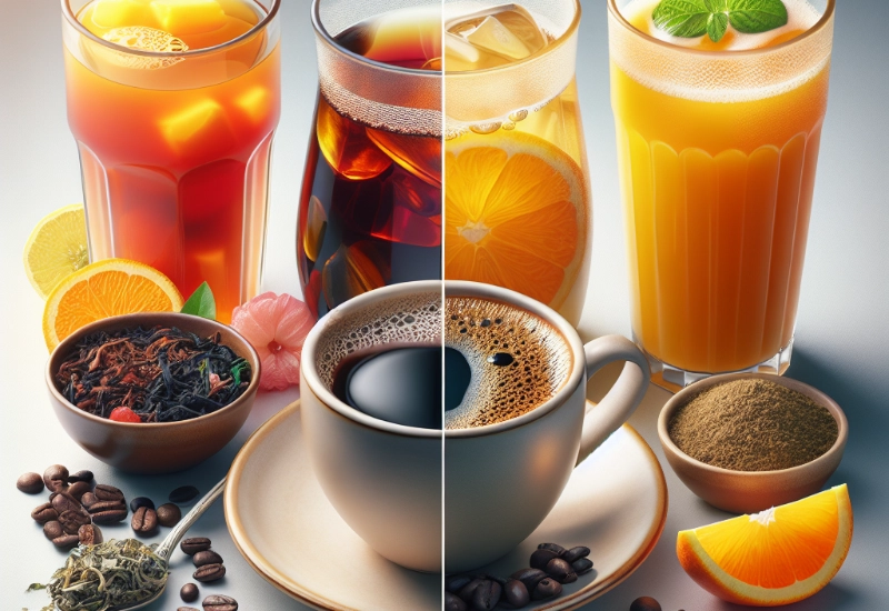 A collage of different decaf/caff drinks