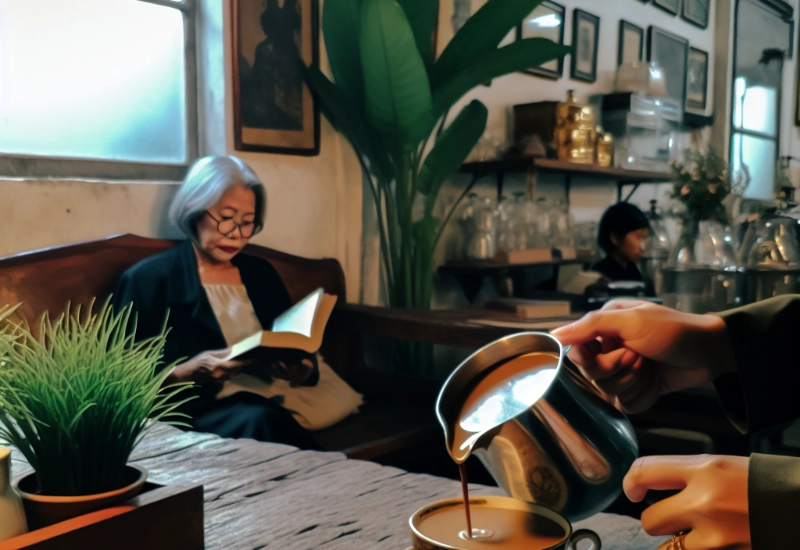 Woman reading book about to enjoy an iced crio bru