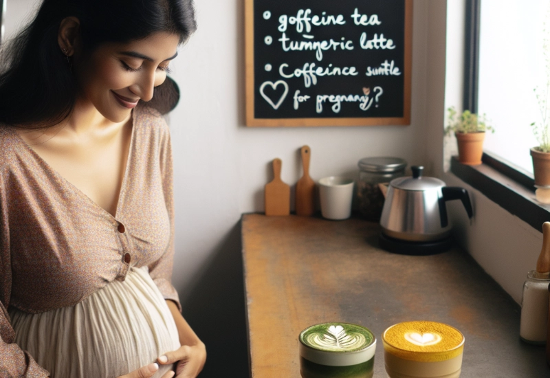 Pregnant Woman with Cups of Pregnancy-Safe Coffee Alternatives
